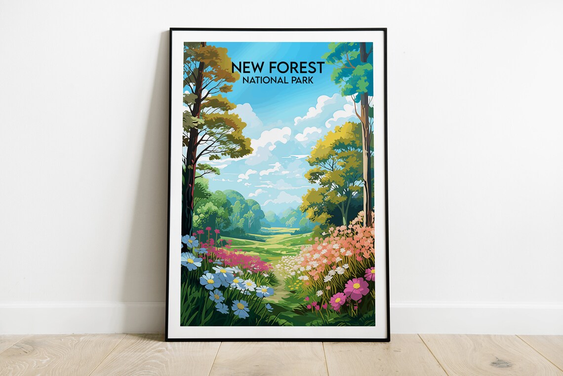 New Forest National Park Woodland Flowers Vintage Travel Poster