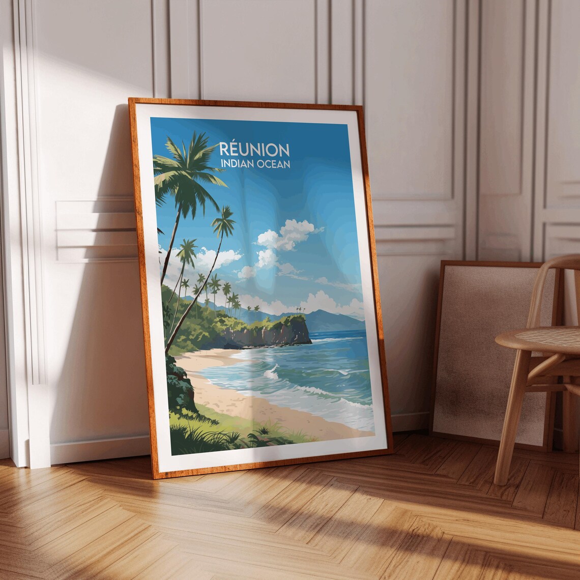 Reunion Indian Ocean Daytime Beach Palms Headland Scenic Travel Poster - Image 3