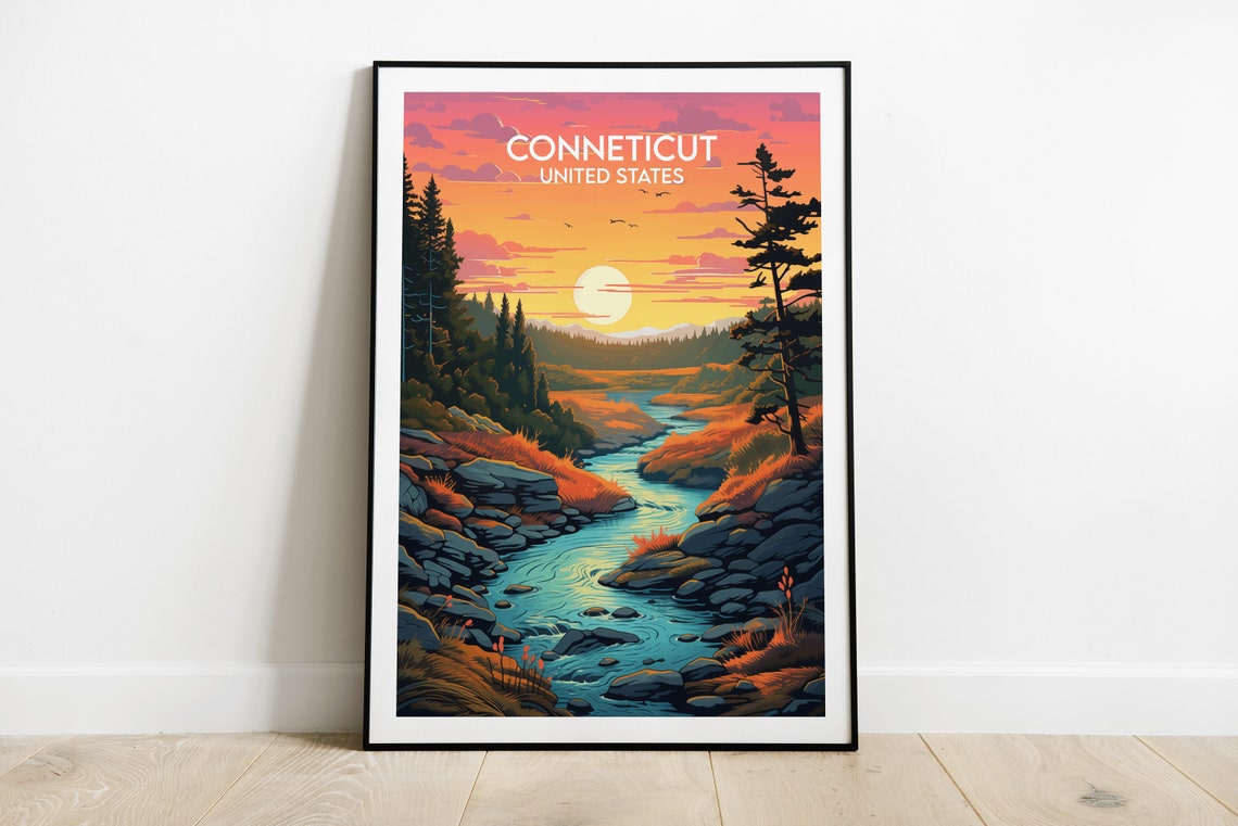 Conneticut United States River Rocks Sunset Forest Landscape Poster