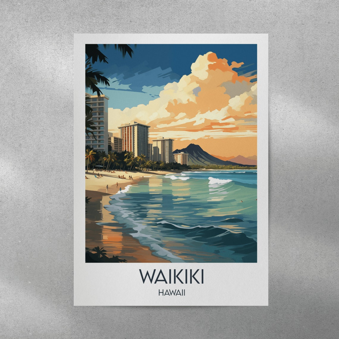 Waikiki Hawaii Beach Diamond Head Ocean Surf Retro Travel Poster - Image 3