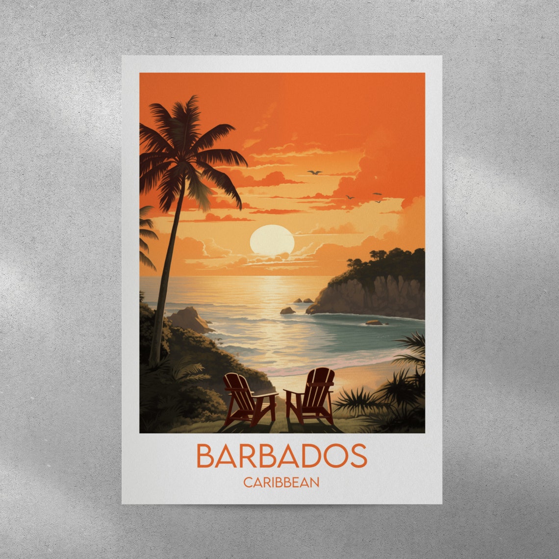 Barbados Caribbean Sunset Beach Palm Trees With Chairs Poster
