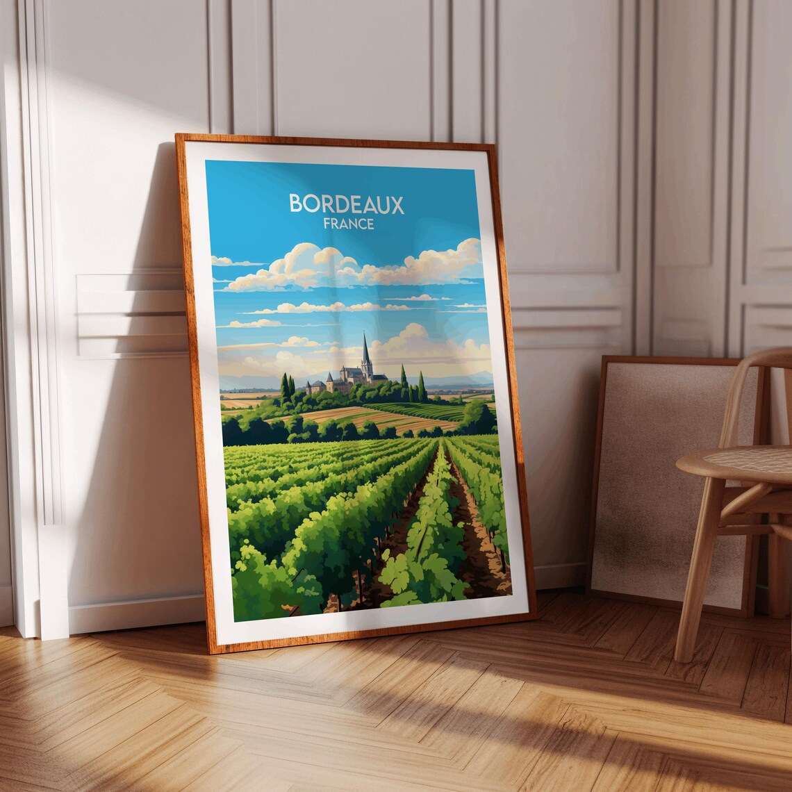 Bordeaux France Vineyard Rows Distant Church Vintage Travel Poster - Image 3