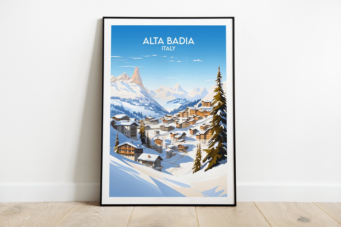 Alta Badia Italy Snowy Alpine Village Winter Mountains Travel Poster