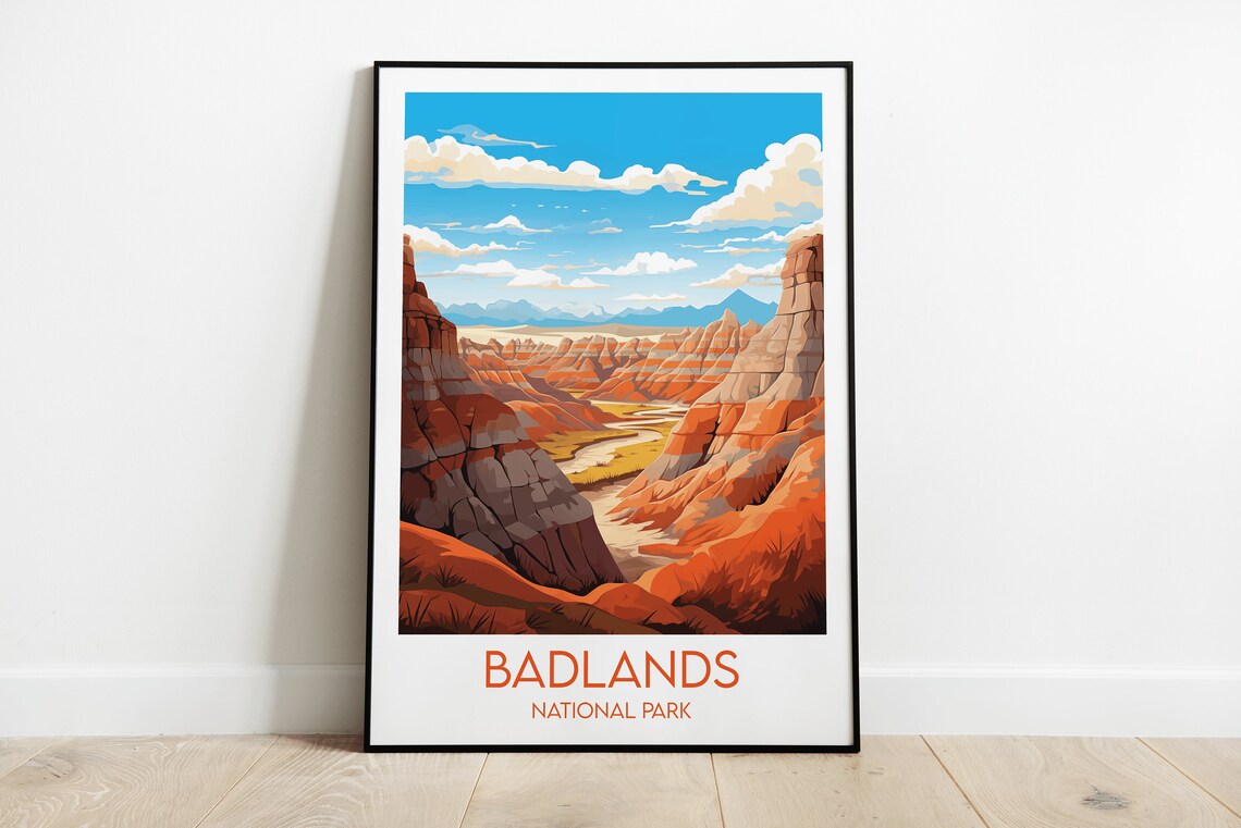 Badlands National Park Red Rock Canyon Layers Retro Travel Poster