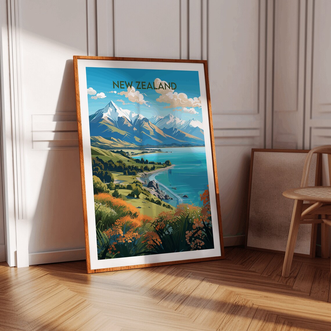 New Zealand Lake Taupo Snowy Peaks Turquoise Bay Scenic Travel Poster - Image 2