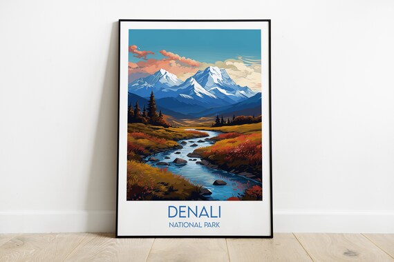 Denali National Park Snow Peaks Rocky River Autumn Travel Poster