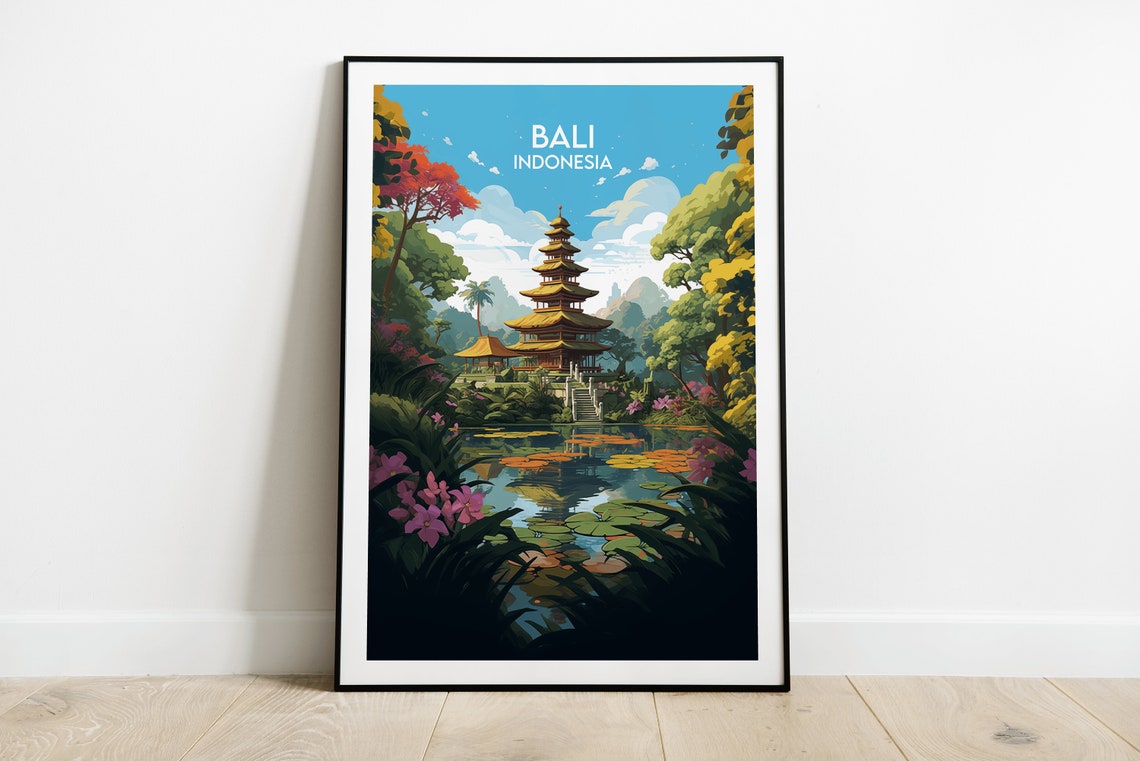Bali Indonesia Travel Poster Temple Jungle Lotus Pond Artwork