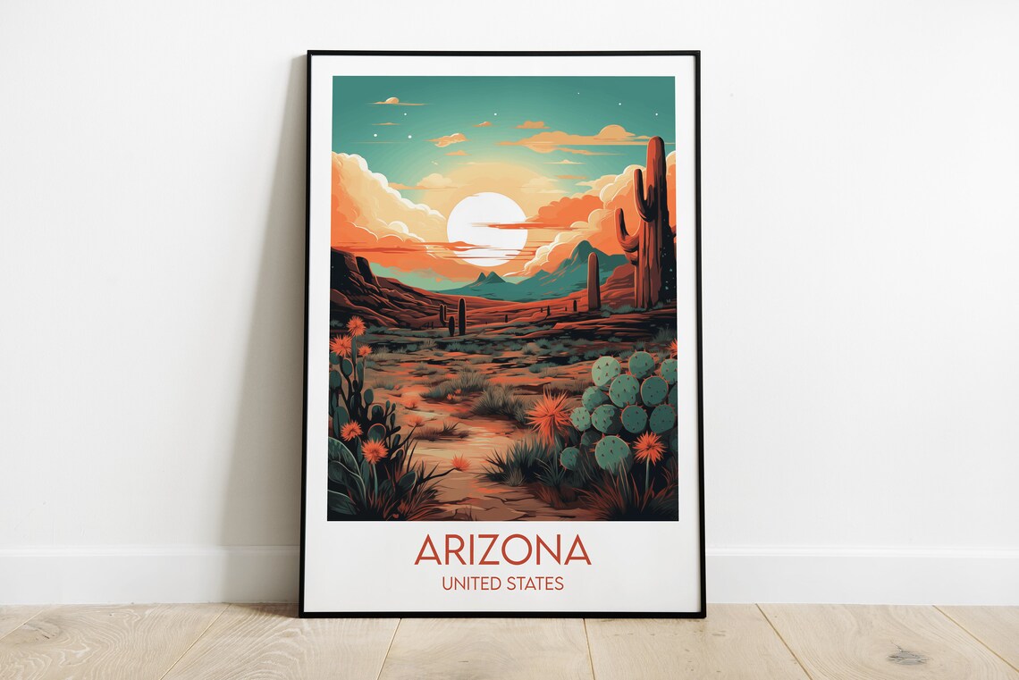 Arizona United States Blooming Cactus Desert Bloom Scene Travel Poster