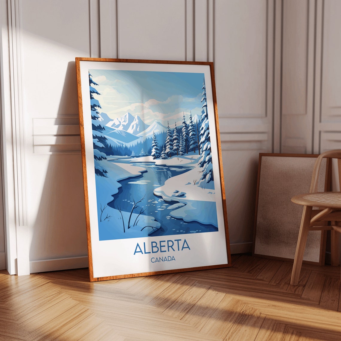 Alberta Canada Winter Snow Mountain River Scene Travel Poster - Image 2
