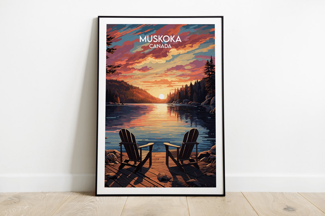 Muskoka Canada Travel Poster Sunset Lake Adirondack Chairs Artwork