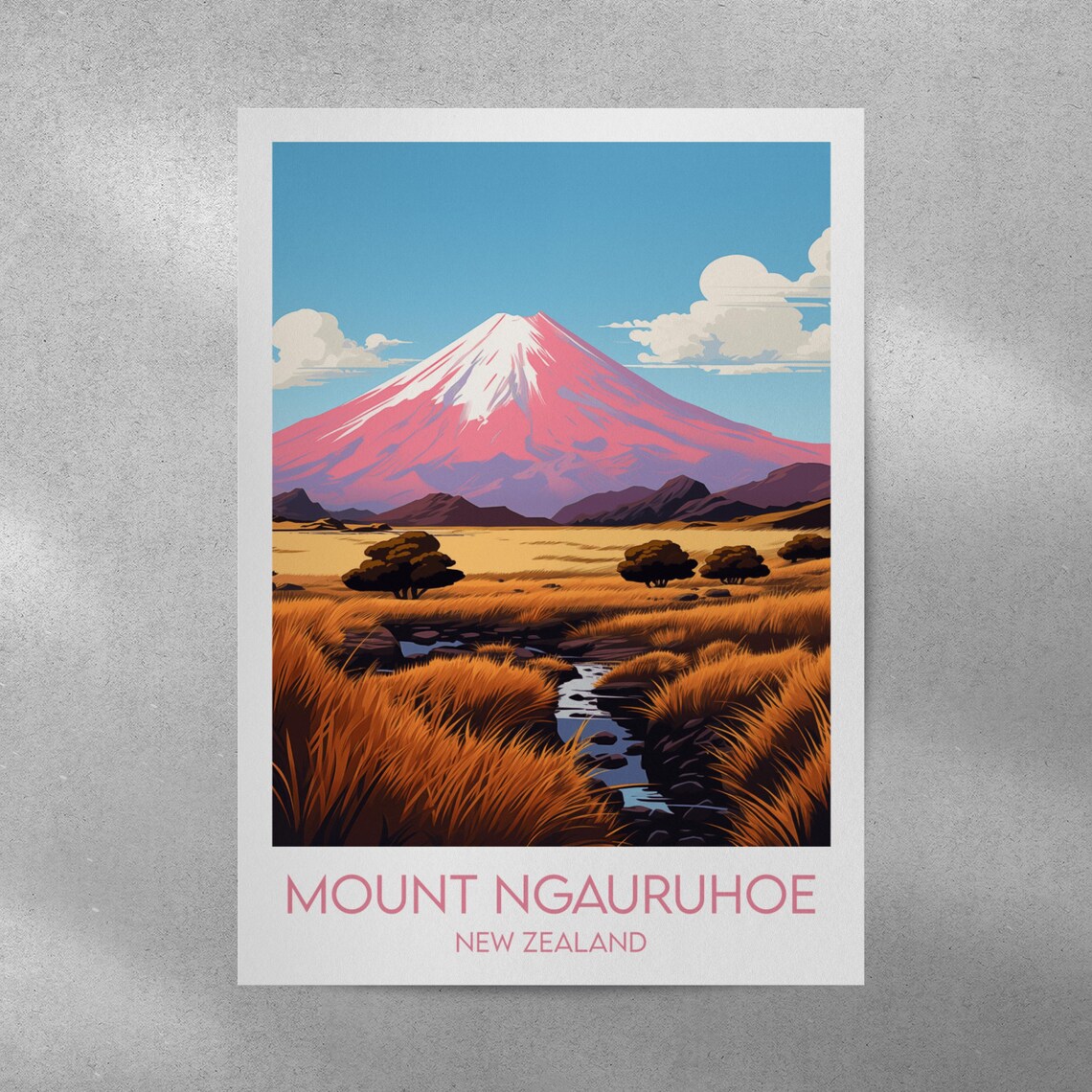 Mount Ngauruhoe New Zealand Snowy Volcano Golden Meadow Poster - Image 4