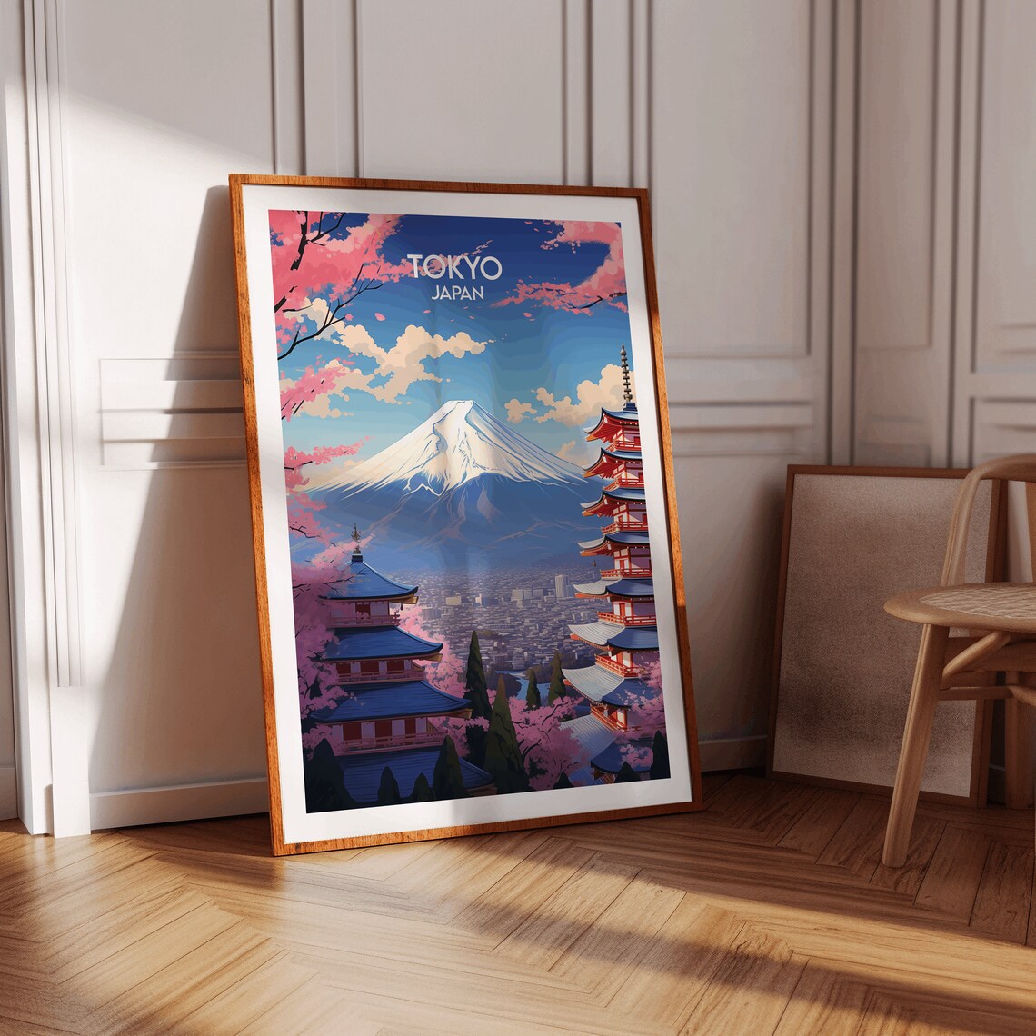 Tokyo Japan Vintage Cherry Blossom Mount Fuji Pagoda Travel Poster - Image 3