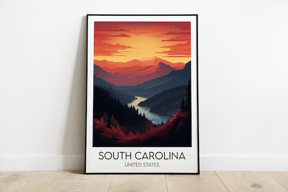 South Carolina Mountain Sunset Vintage Travel Poster River View