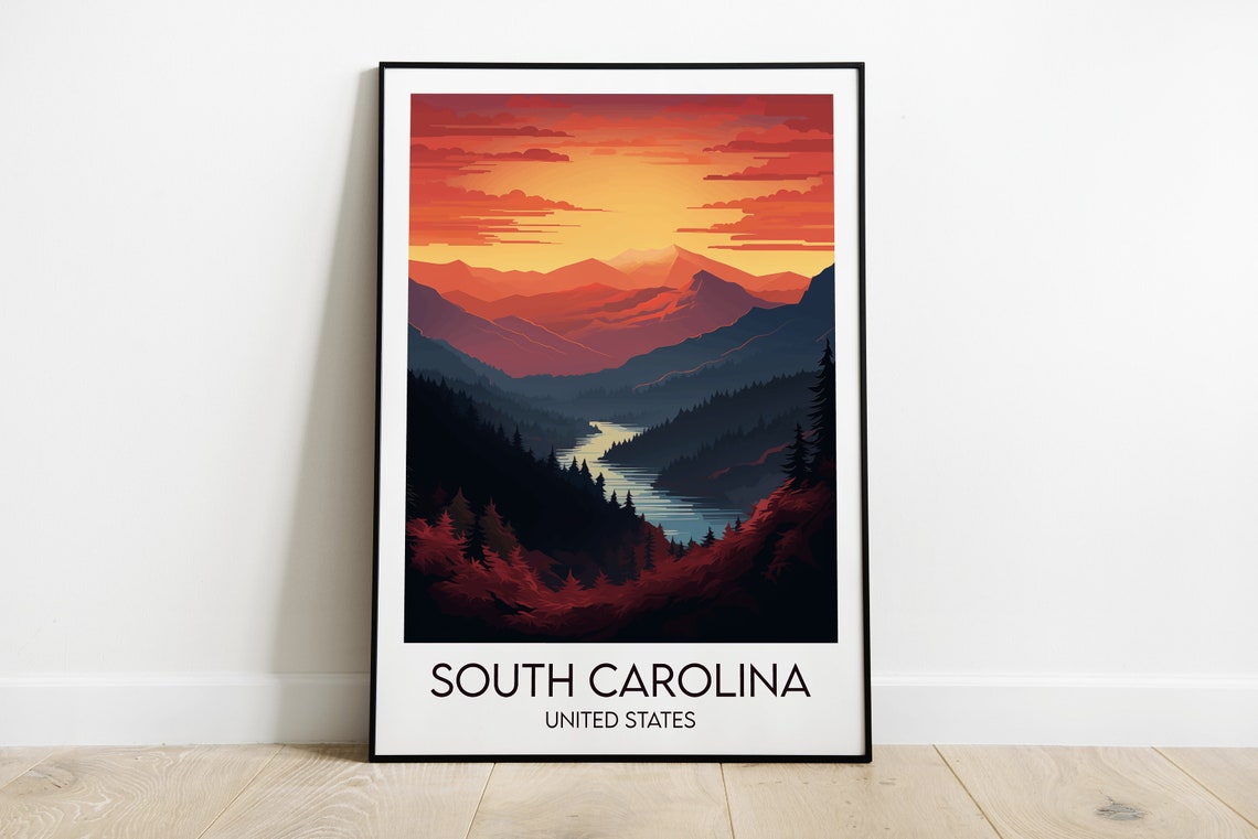 South Carolina Mountain Sunset Vintage Travel Poster River View