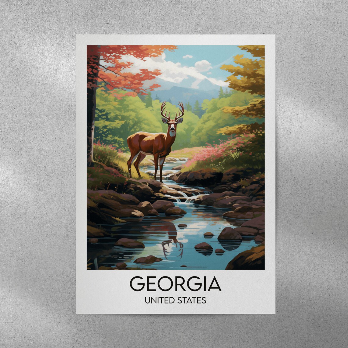 Georgia United States Whitetail Deer Stream Wildlife Travel Poster - Image 4