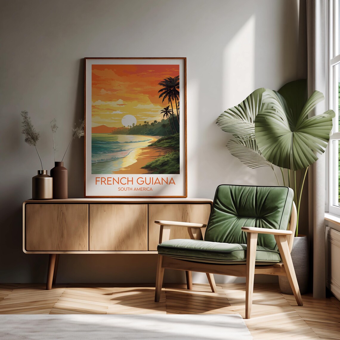 French Guiana South America Golden Sunset Palm Shore Travel Poster - Image 2