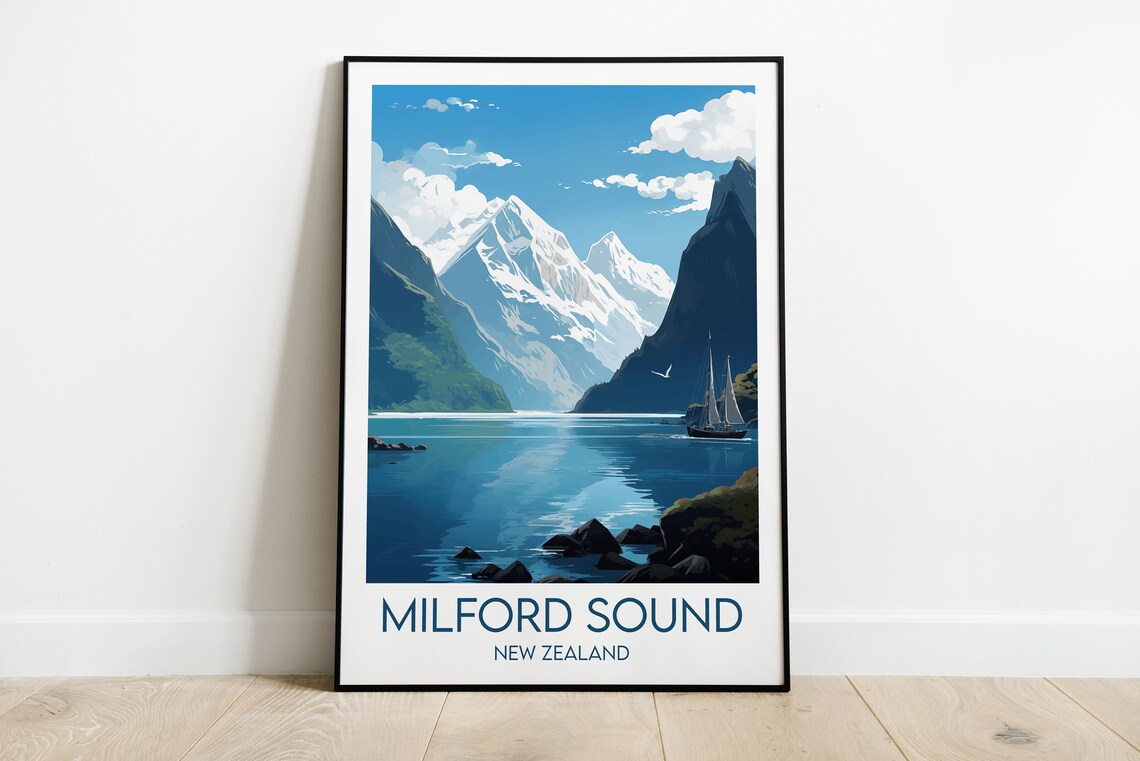 Milford Sound New Zealand Fjord Sailboat Snowy Peaks Travel Poster