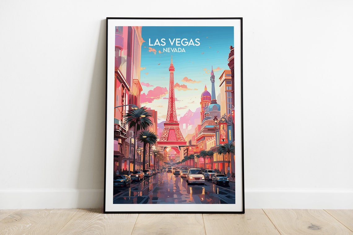 Las Vegas Nevada Eiffel Tower Strip Sunset Vintage Travel Poster