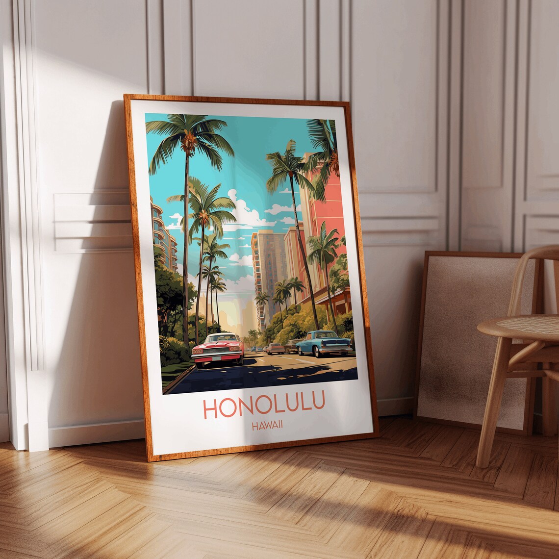 Honolulu Hawaii Palm Lined Street Classic Cars Retro Travel Poster - Image 2