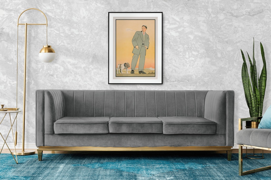 Vintage Gentleman with Pipe and Bulldog at Sunset Illustration Poster - Image 2