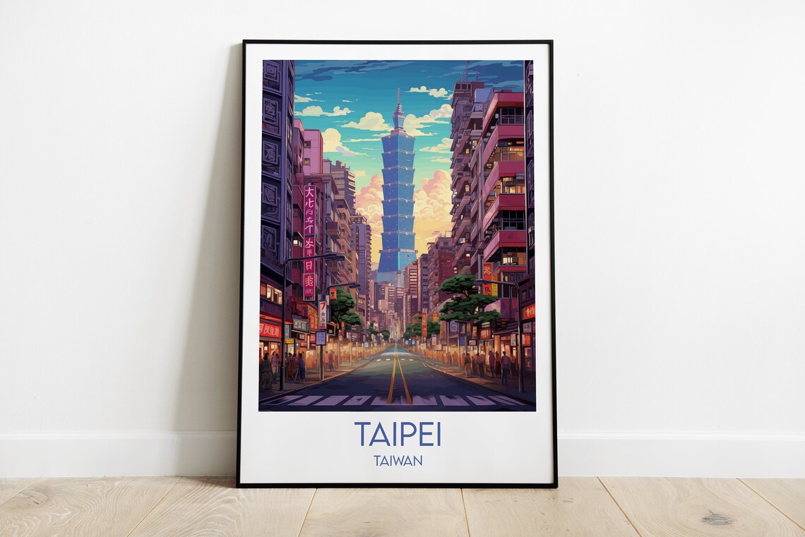 Taiwan Taipei 101 Tower City Street Sunset Dusk Scene Art Poster
