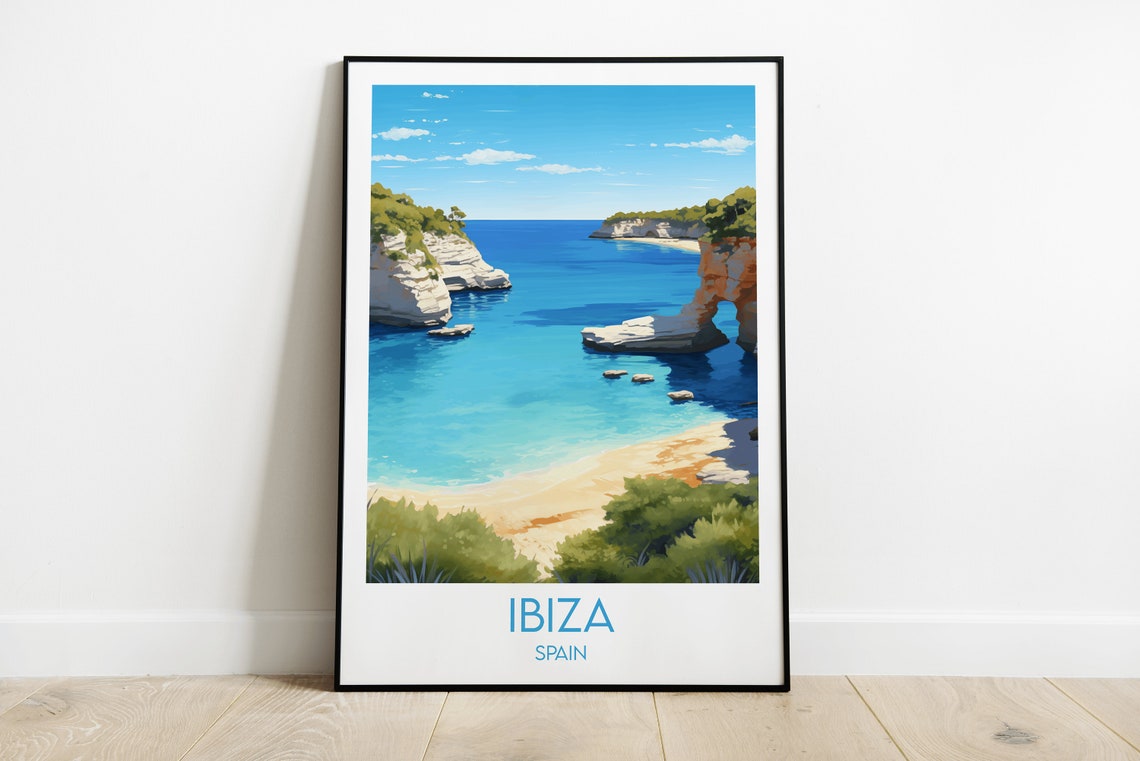 Ibiza Spain Rocky Cove Sandy Beach Mediterranean Bay Art Poster