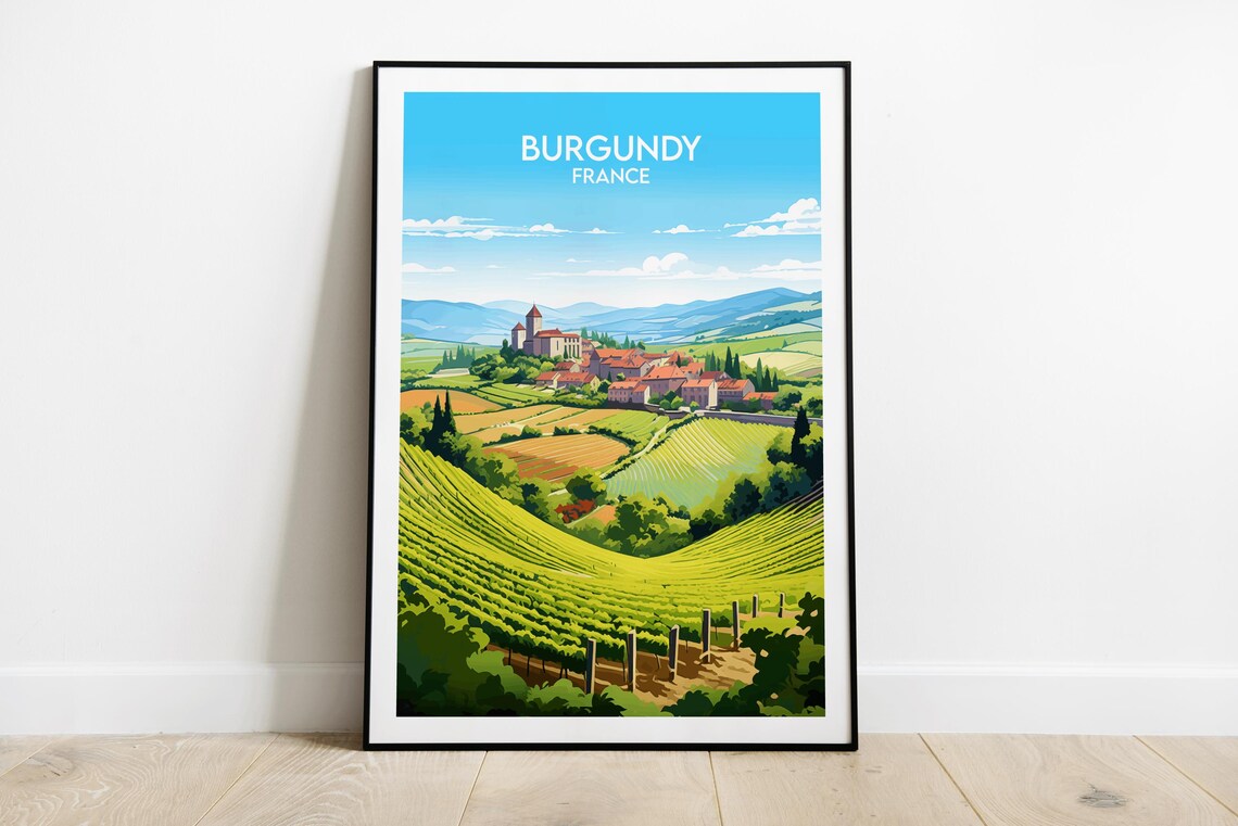 Burgundy France Hilltop Village Vineyards Vintage Travel Poster