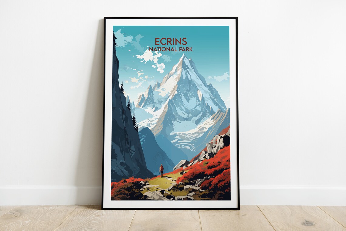 Snowy Ecrins National Park France Alpine Peak Hiker Travel Poster
