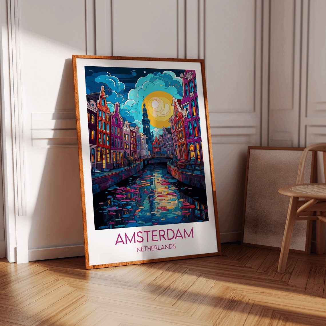 Amsterdam Netherlands Neon Night Canal Gabled Houses Travel Poster - Image 2