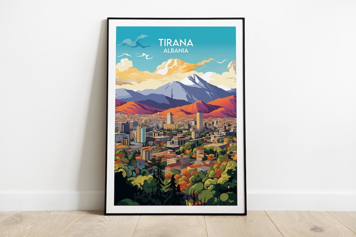 Tirana Albania Capital City and Snowy Mountains Vintage Travel Poster