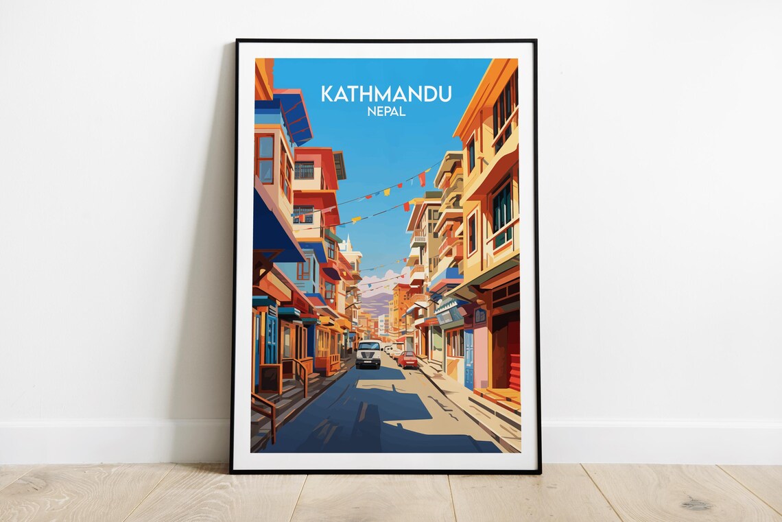 Kathmandu Nepal Bustling Old Town Street Scene Colorful Travel Poster