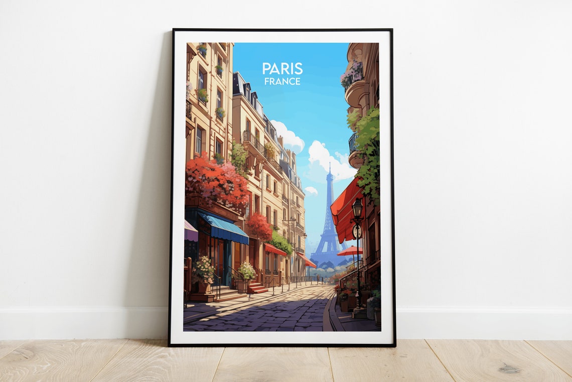 Paris France Eiffel Tower Cobblestone Street Cafe Travel Poster