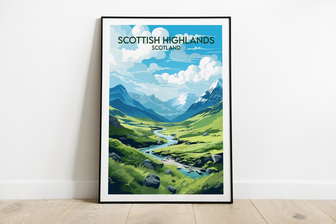 Scottish Highlands Scotland Green Glen Stream Peaks Travel Poster