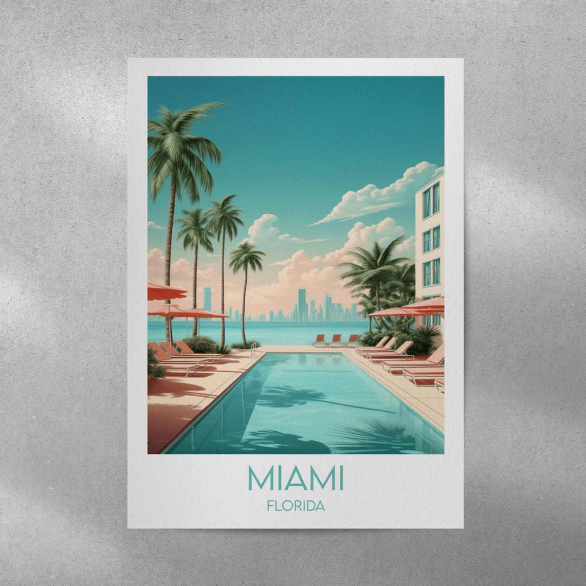 Miami Florida Pool Deck Palms Retro Illustrated Travel Poster - Image 3