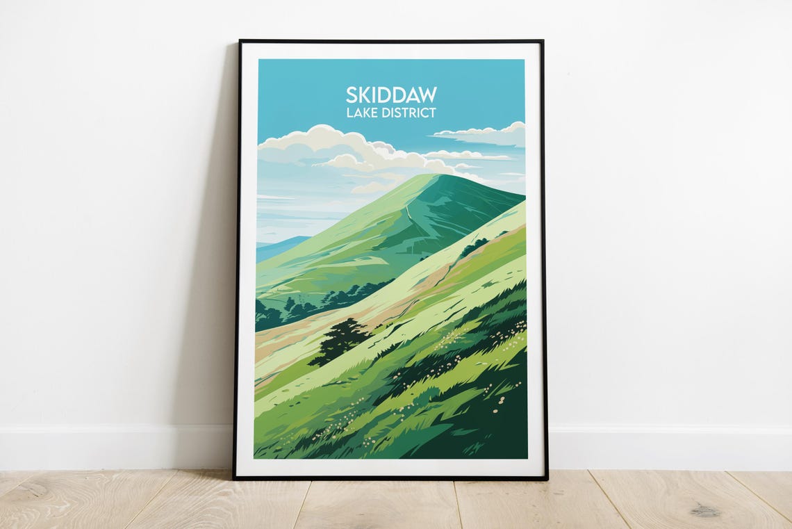 Skiddaw Lake District Green Mountain Slopes Travel Illustration Poster
