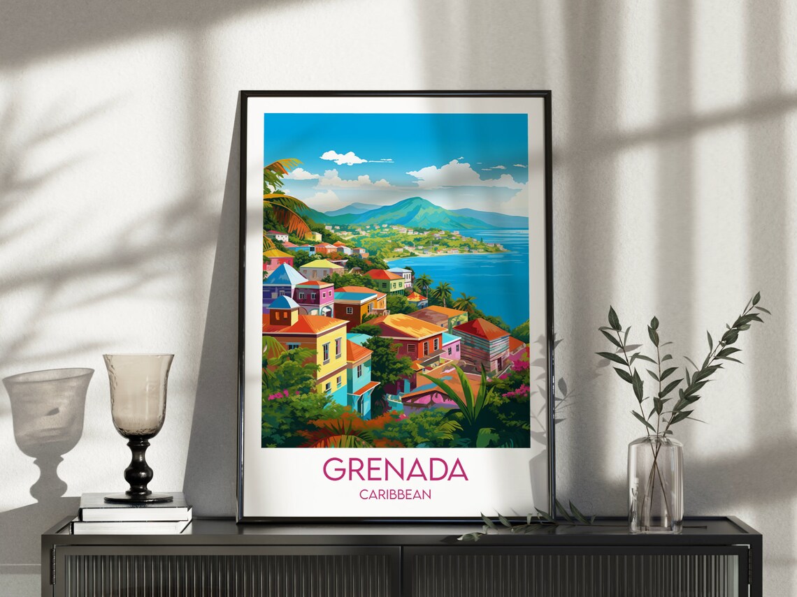 Grenada Caribbean Colorful Hillside Bay Town Travel Art Poster - Image 5