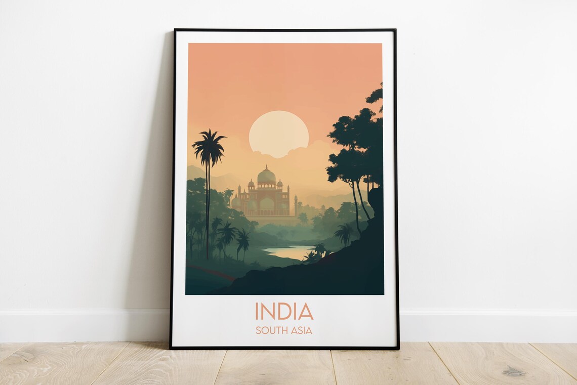 India South Asia Taj Mahal Sunset Palm Trees Vintage Travel Poster