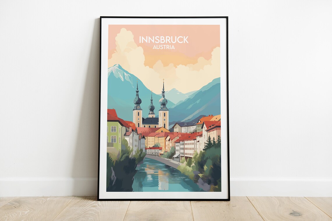 Innsbruck Austria Riverside Old Town Retro Illustrated Travel Poster