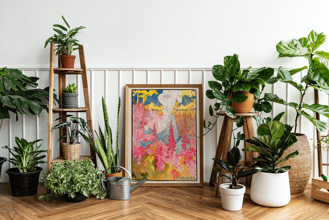 Summer Woman Among Pink Flowers Vintage Art Nouveau Floral Poster - Image 3