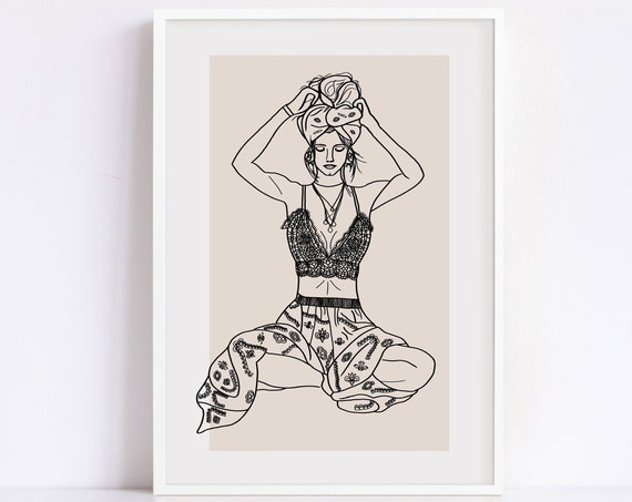 Bohemian Girl Getting Ready For The Day Female Illustration Print Beauty Routine