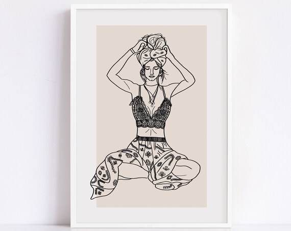 Elegant Woman Morning Ritual Sketch Line Art Boho Figure Poster