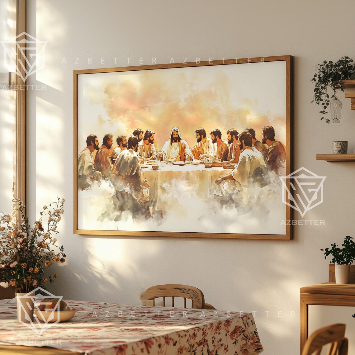 The Last Supper Jesus And Apostles Watercolor Framed Art Poster
