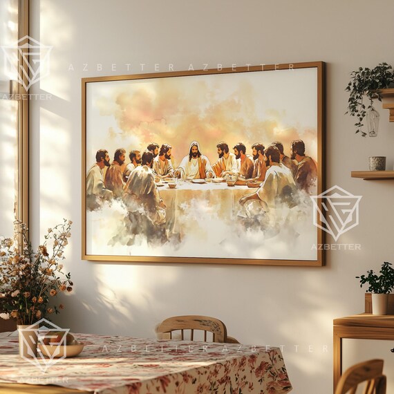 The Last Supper Jesus And Apostles Watercolor Framed Art Poster