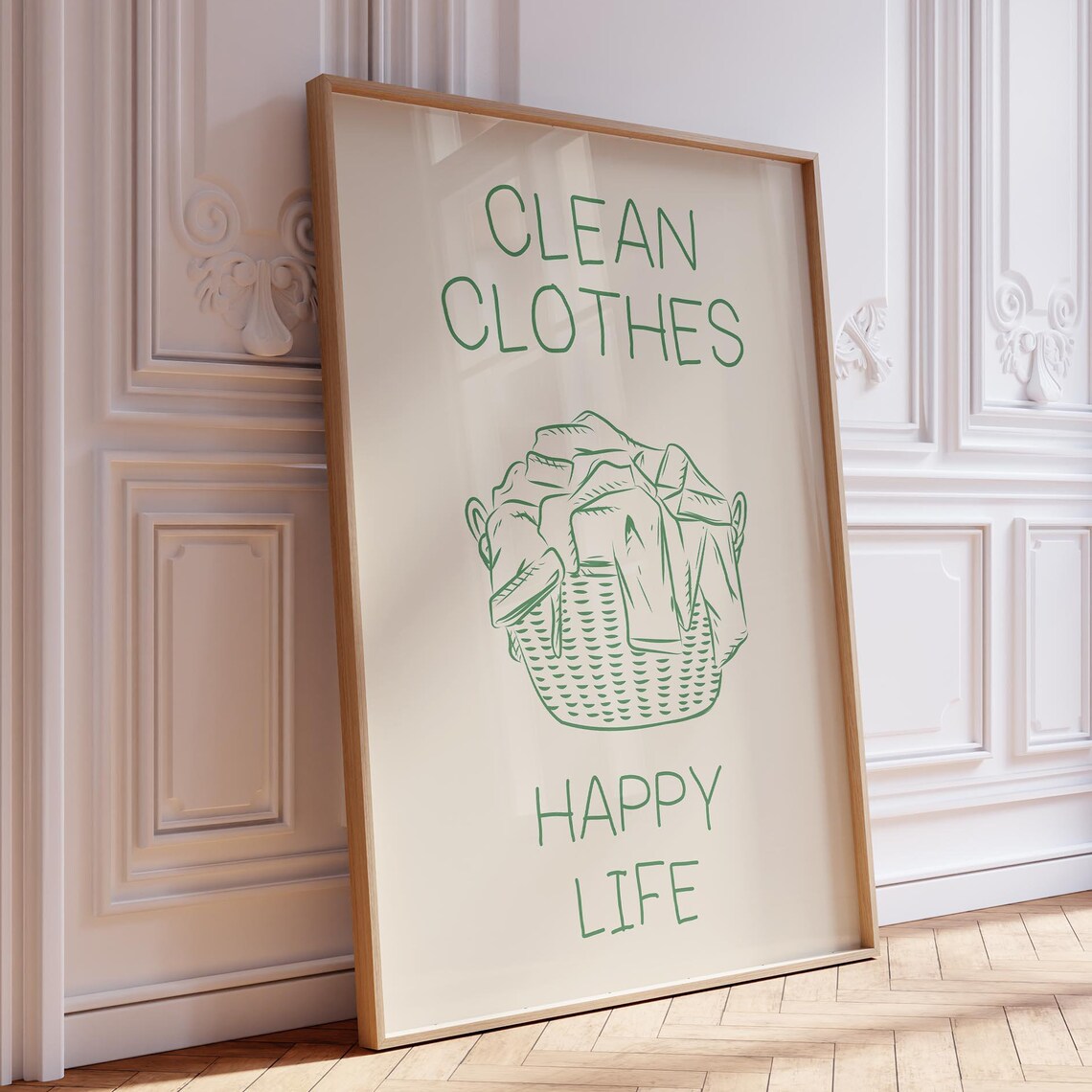 Clean Clothes Happy Life Laundry Poster Green Basket Line Art on Cream