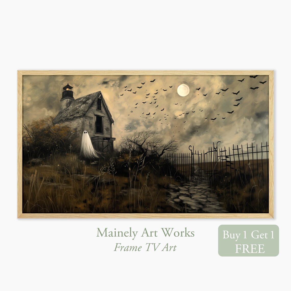 Spooky Lighthouse Ghost With Bats Full Moon Vintage Halloween Wall Art Print
