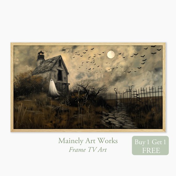 Spooky Lighthouse Ghost With Bats Full Moon Vintage Halloween Wall Art Print