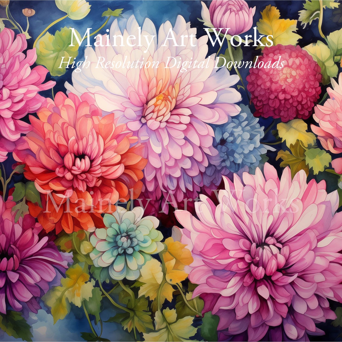 Autumn Chrysanthemum Flower Bloom Pink Magenta Teal Watercolor Poster - Image 3