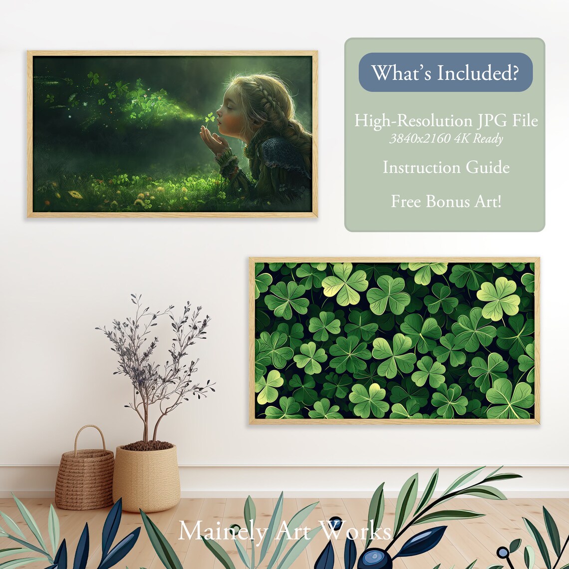 Girl Blowing Glowing Shamrock Fairy Dust Magical Night Forest Wall Poster - Image 2