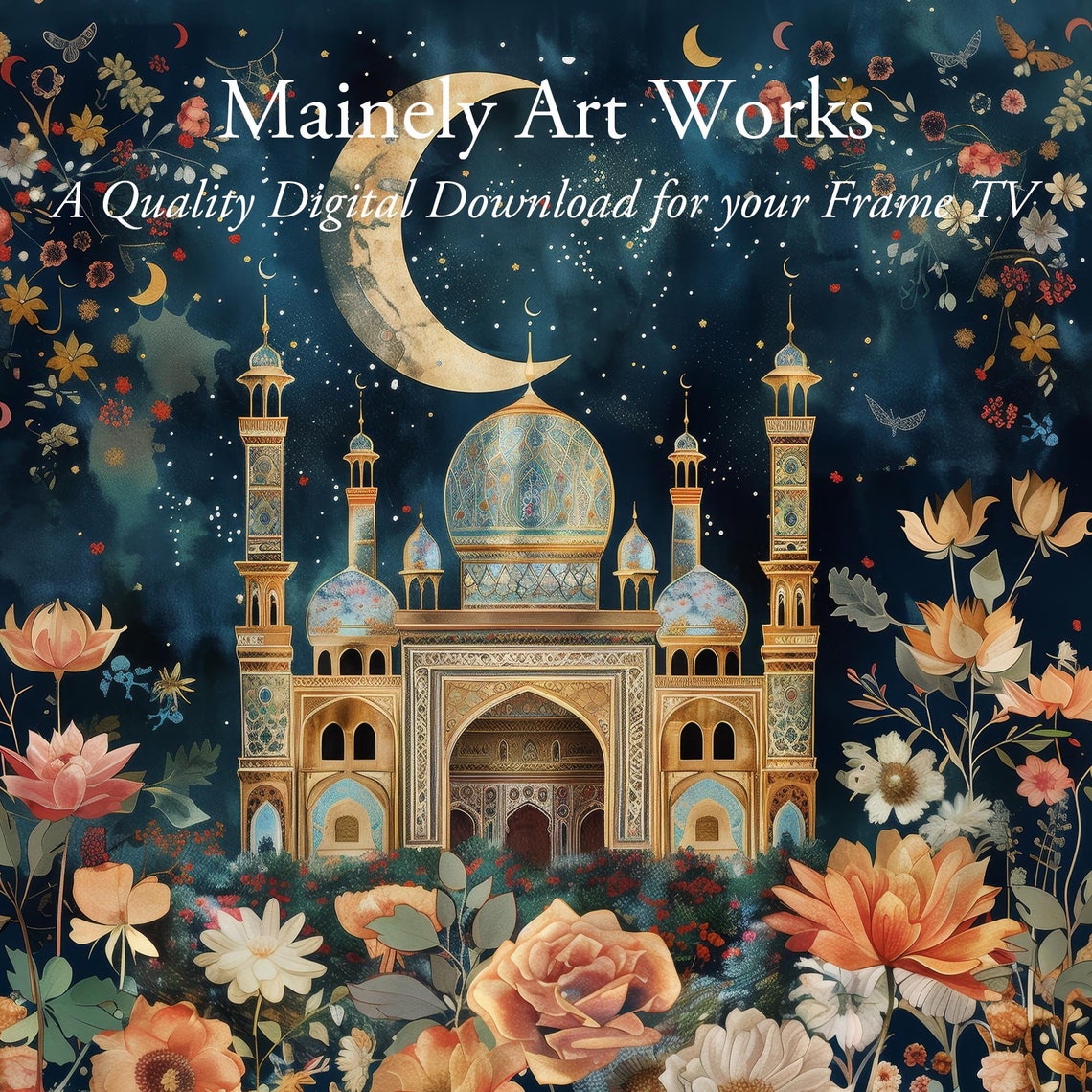 Taj Mahal Crescent Moon Starry Night Islamic Floral Garden Poster - Image 3
