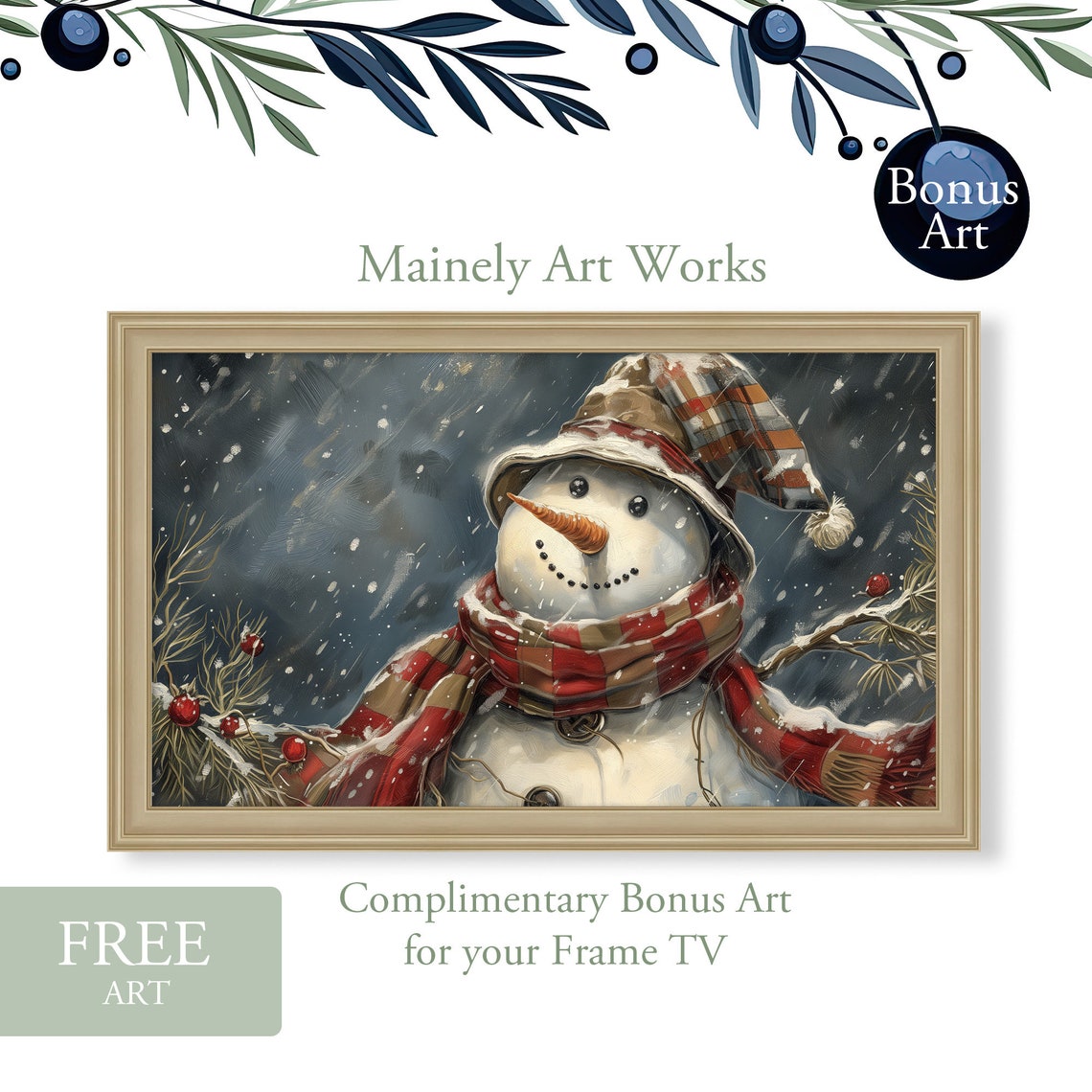 Winter Snowman Frame Tv Art Painting Of Snowman Art For Tv Christmas Snowman Screensaver Country Snowman Tv Art - Image 2